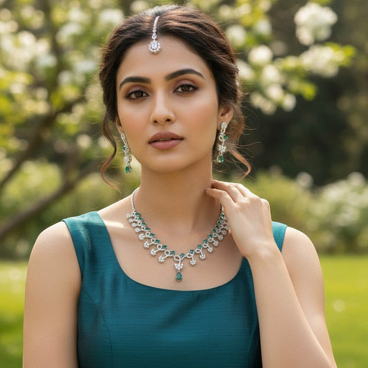 AVIRI emerald and crystal necklace and earring set with silver-tone metal, featuring emerald-cut green stones and clear crystals.