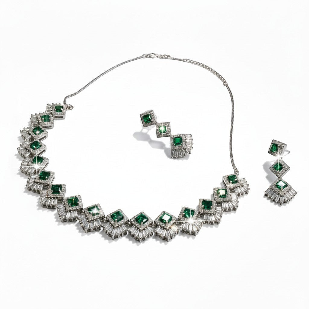 AVIRI emerald green cubic zirconia necklace and earring set with silver-tone metal and baguette accents.