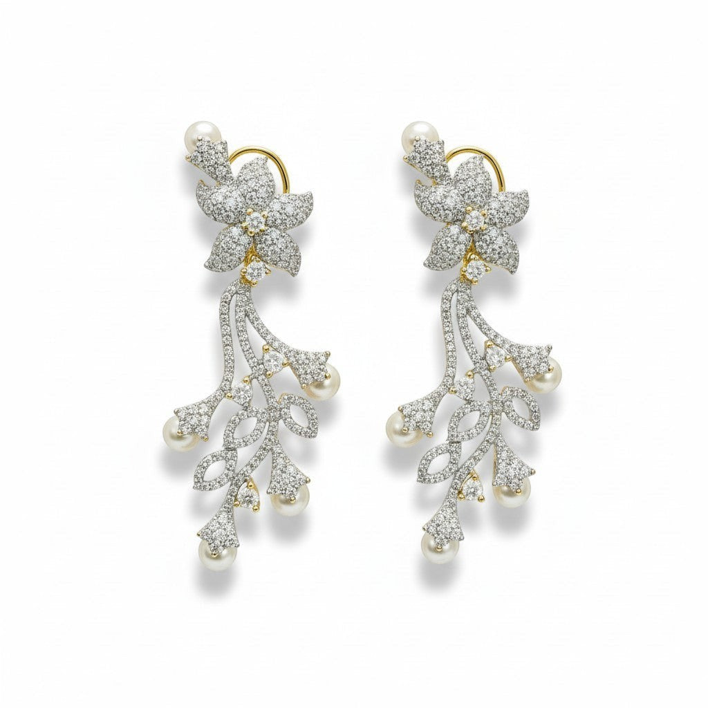 AVIRI floral vine drop earrings with pearls and cubic zirconia in sterling silver.