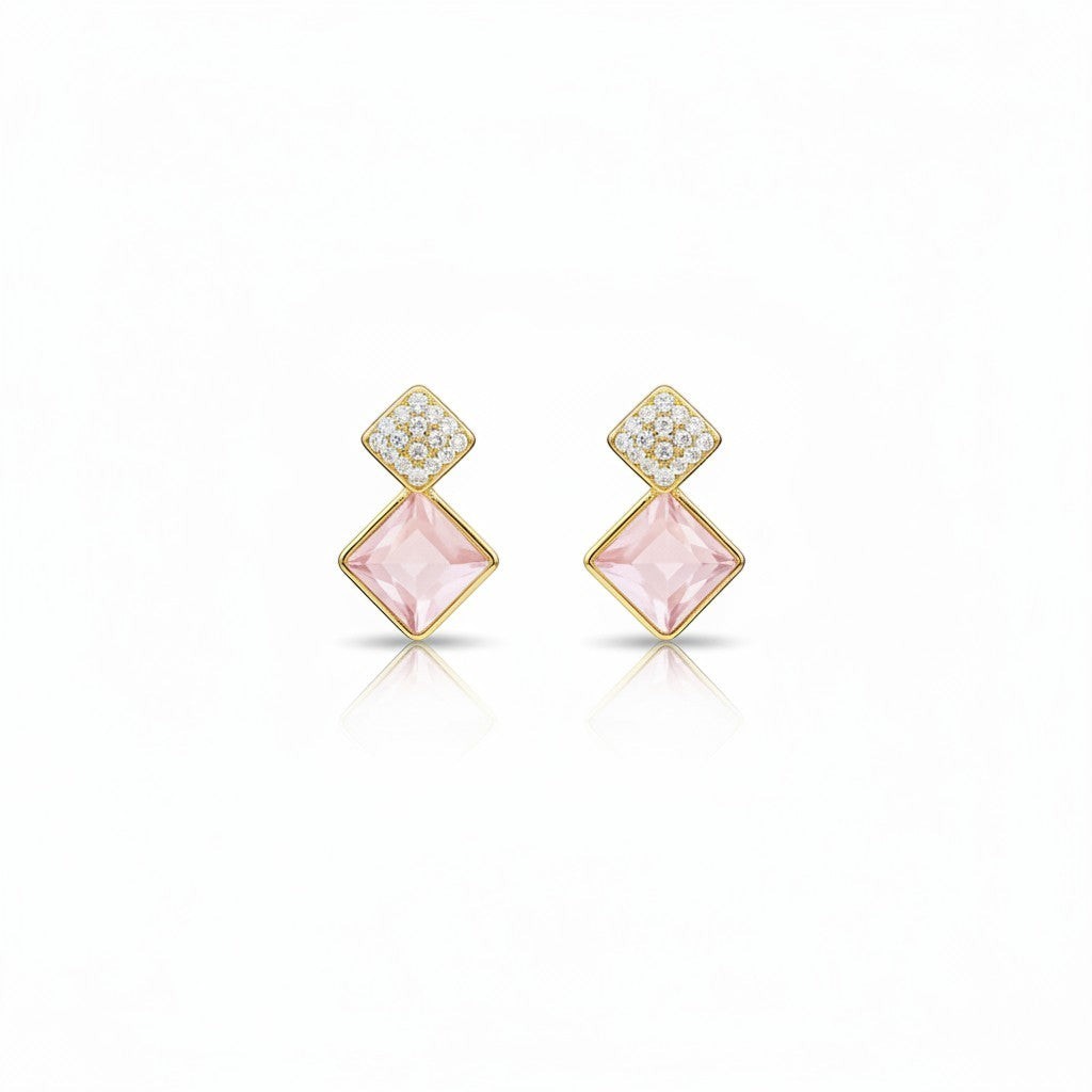 AVIRI gold drop earrings with diamond-encrusted square tops and rose quartz square bottoms.
