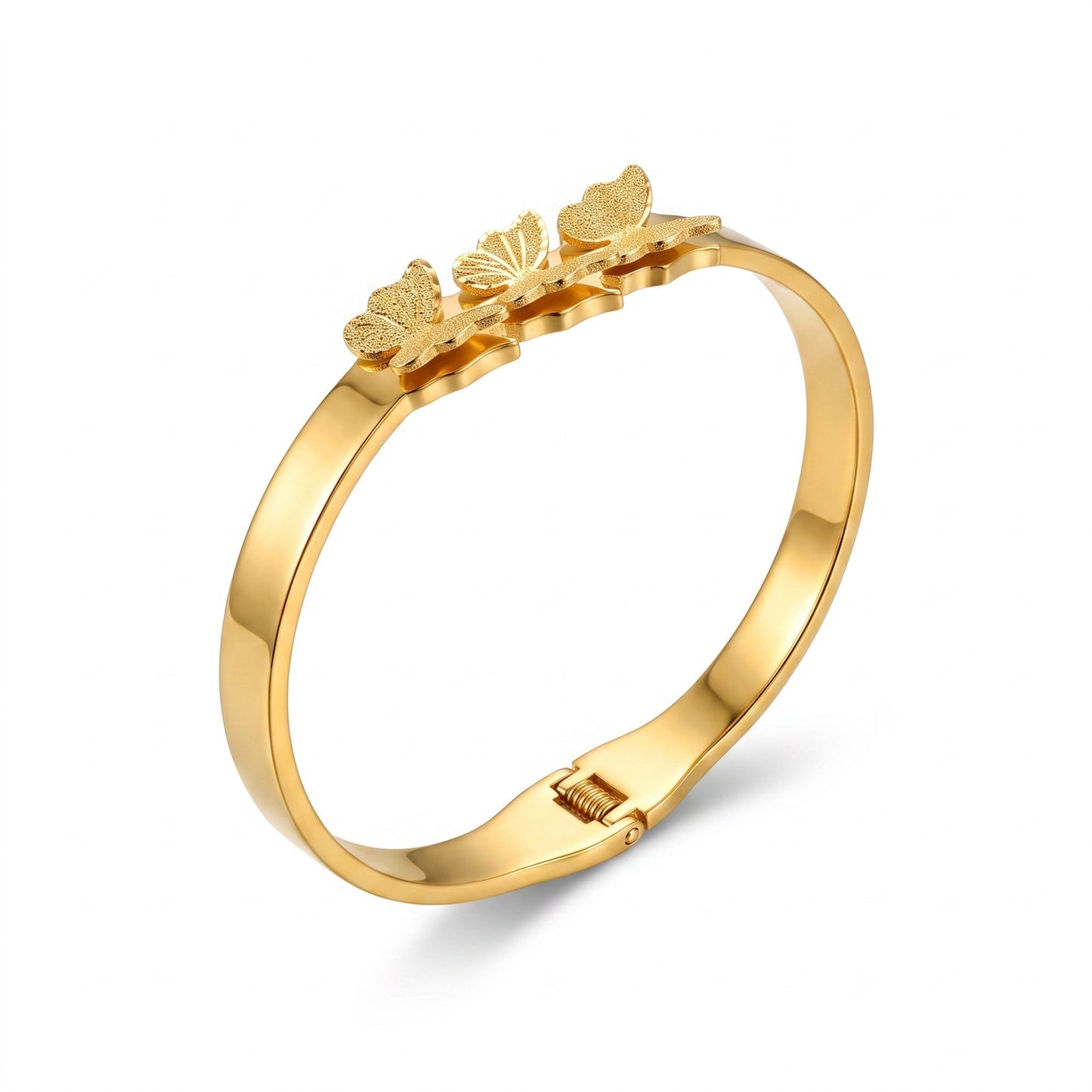 AVIRI gold-tone hinged bangle bracelet featuring three textured butterfly motifs with a polished high-shine finish.