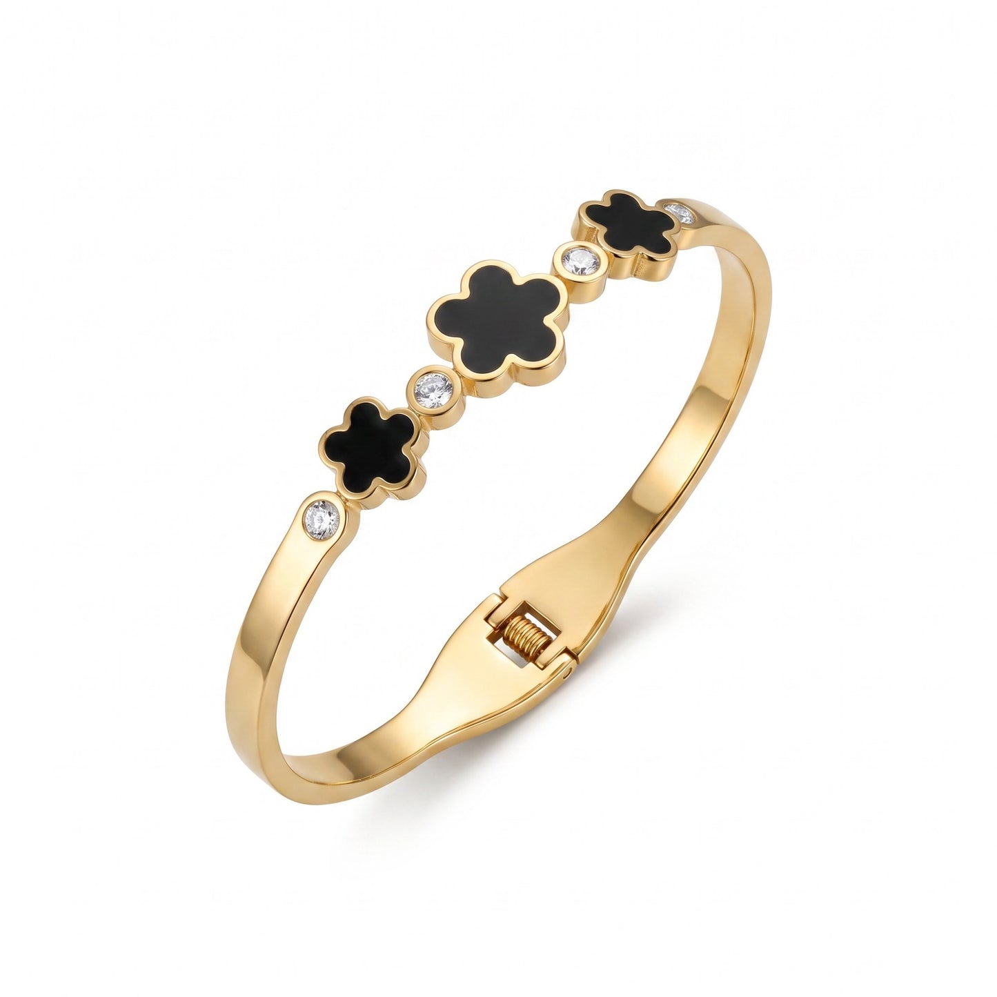 AVIRI gold-tone hinged bangle bracelet featuring three black enamel flower motifs and sparkling cubic zirconia stones.