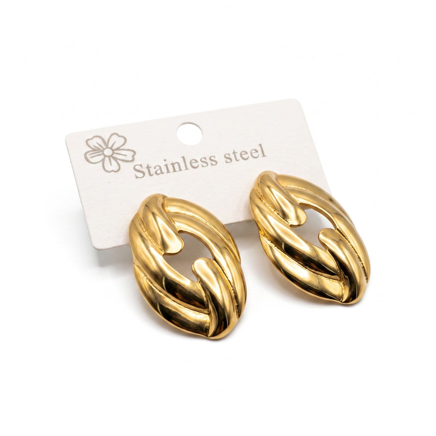 AVIRI gold-tone stainless steel oval stud earrings with a polished twisted link design on a display card.