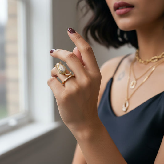 AVIRI gold-tone metal tulip ring with pave cubic zirconia and adjustable band. Floral statement jewelry.