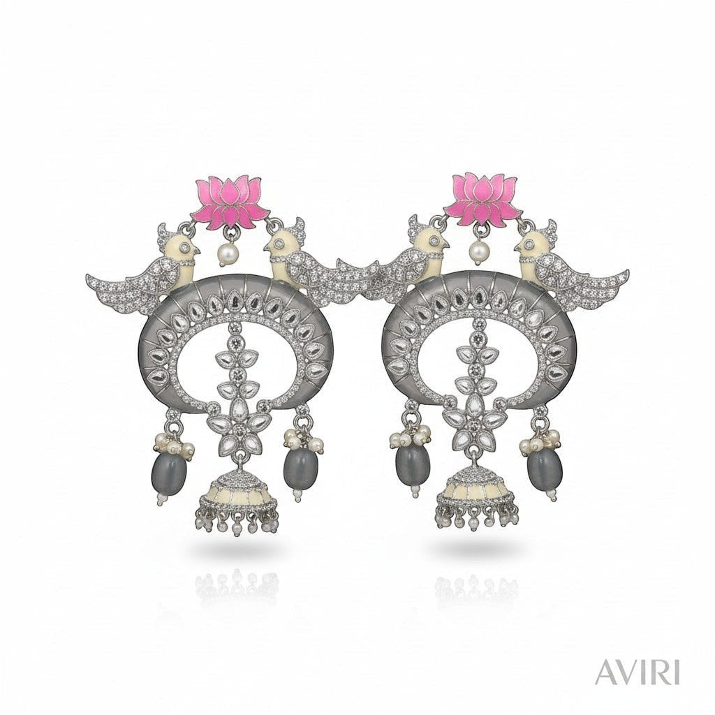 AVIRI oxidised silver chandbali earrings with pink stone lotus, AD stones, and grey jhumka drops.