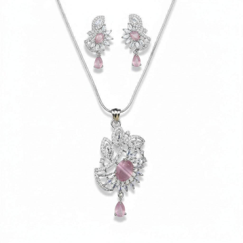 AVIRI rose-pink gemstone pendant necklace and earrings set with cubic zirconia in silver-tone metal.