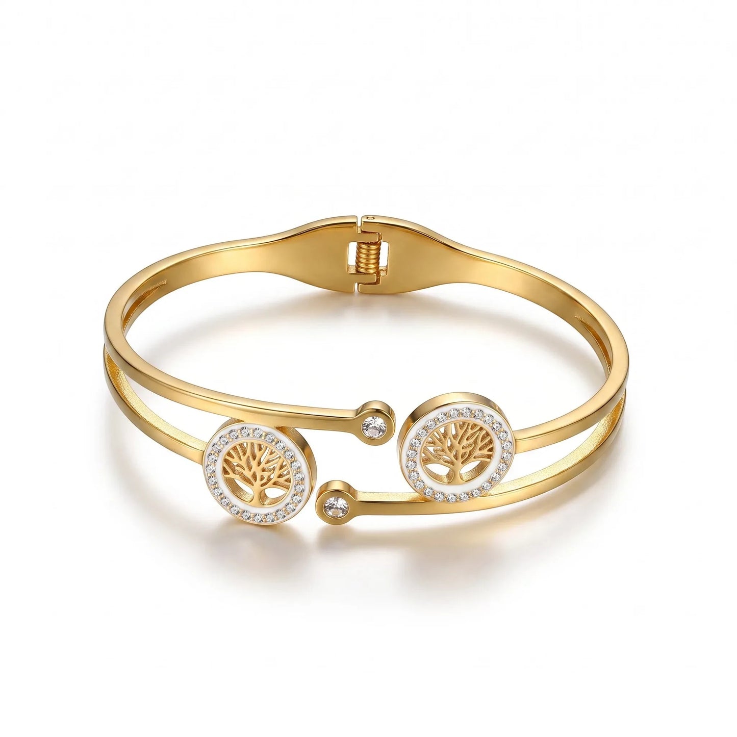 AVIRI 18K gold-plated hinged bracelet featuring a two-tone Tree of Life motif with cubic zirconia accents.