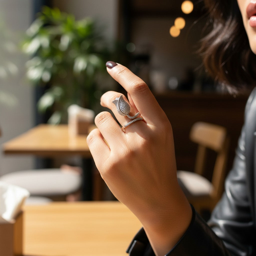AVIRI gold-tone metal tulip ring with pave cubic zirconia and adjustable band.