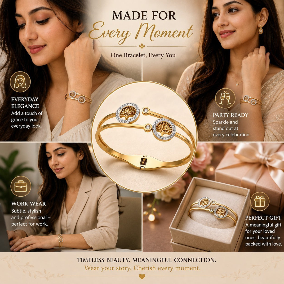 Tree Of Life Hinged Bracelet | Anti Tarnish  18K Gold Plated