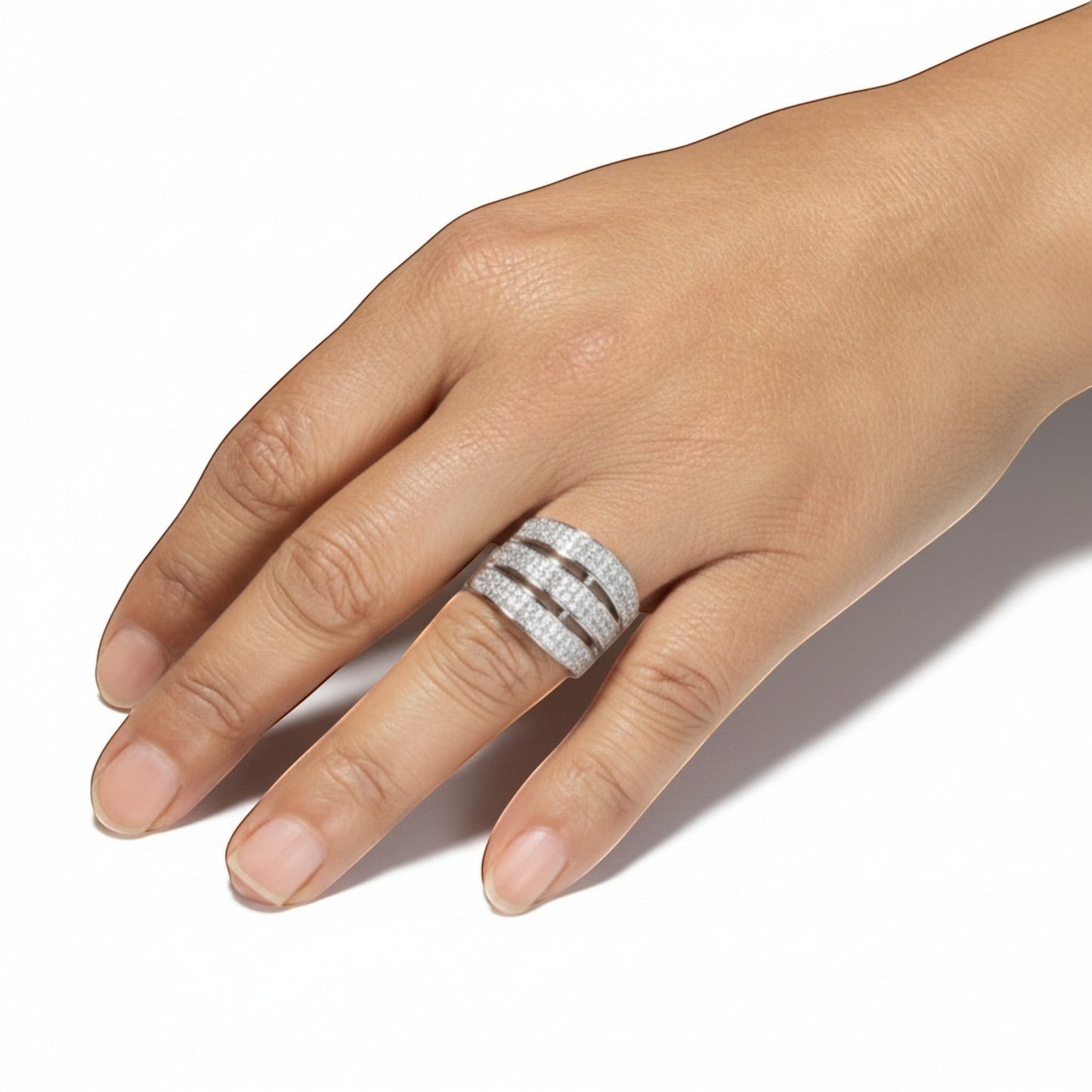 AVIRI 3-layer ring with silver polish and artificial diamonds. Features three bands studded with shimmering stones.