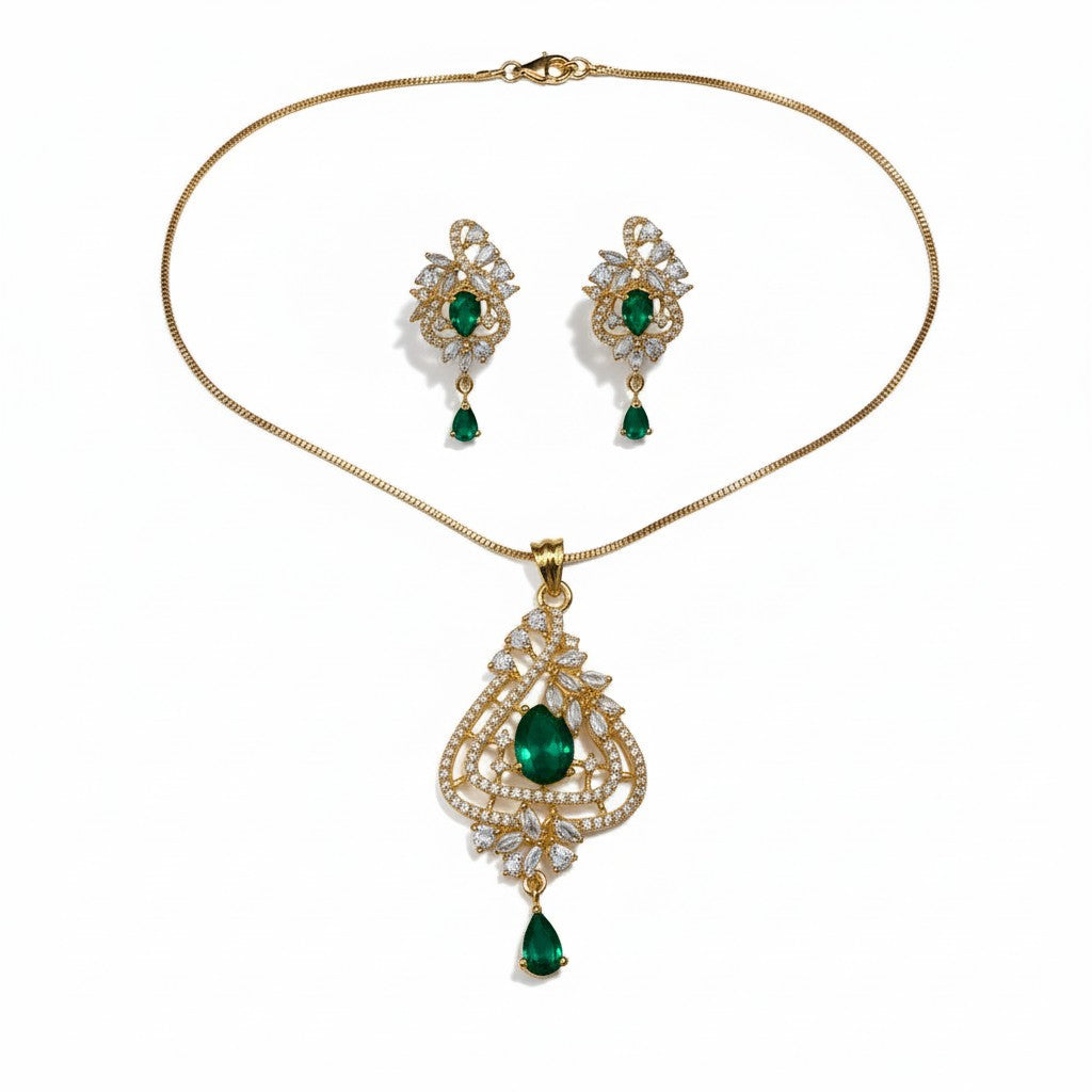 AVIRI elegant pendant necklace and earring set with teardrop amethyst cubic zirconia stones in gold-tone metal.