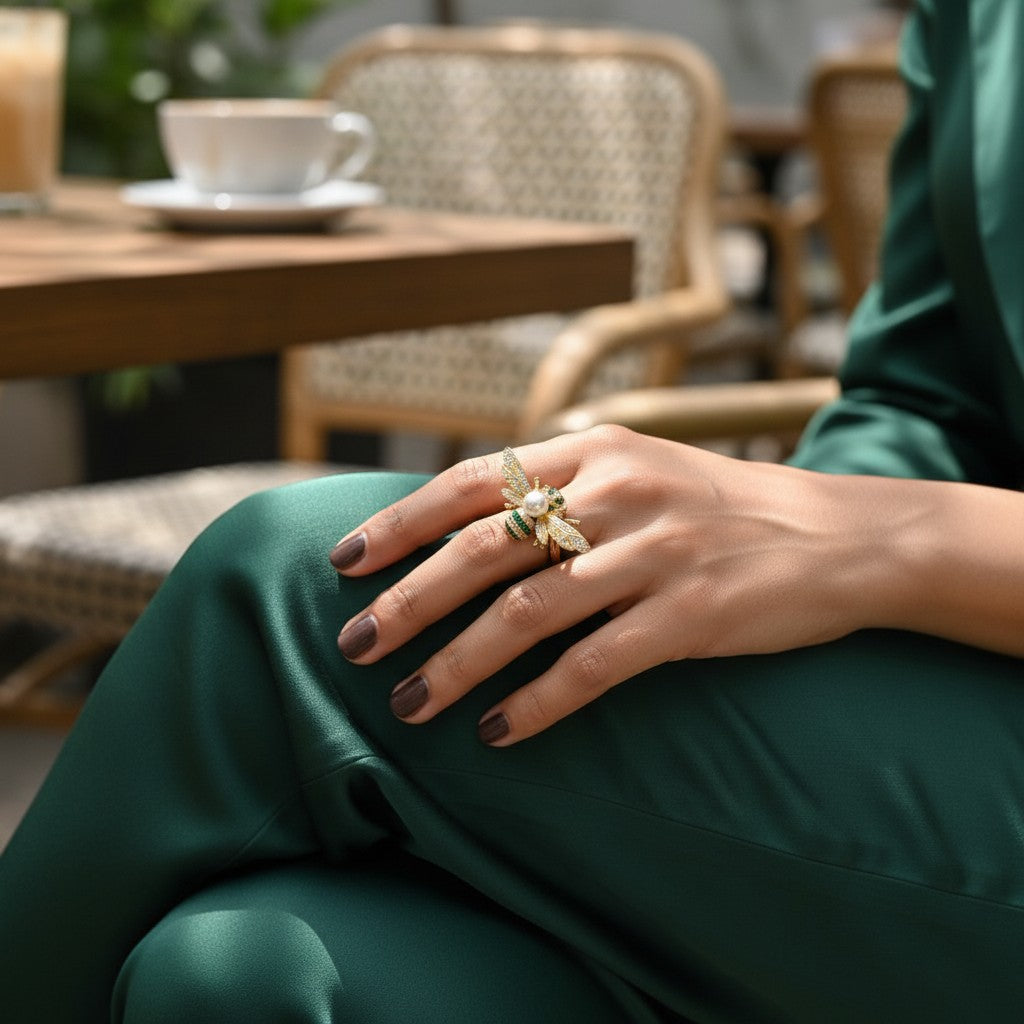 AVIRI gold-tone adjustable bee ring with pearl body and emerald accent stones, detailed wings with cubic zirconia.