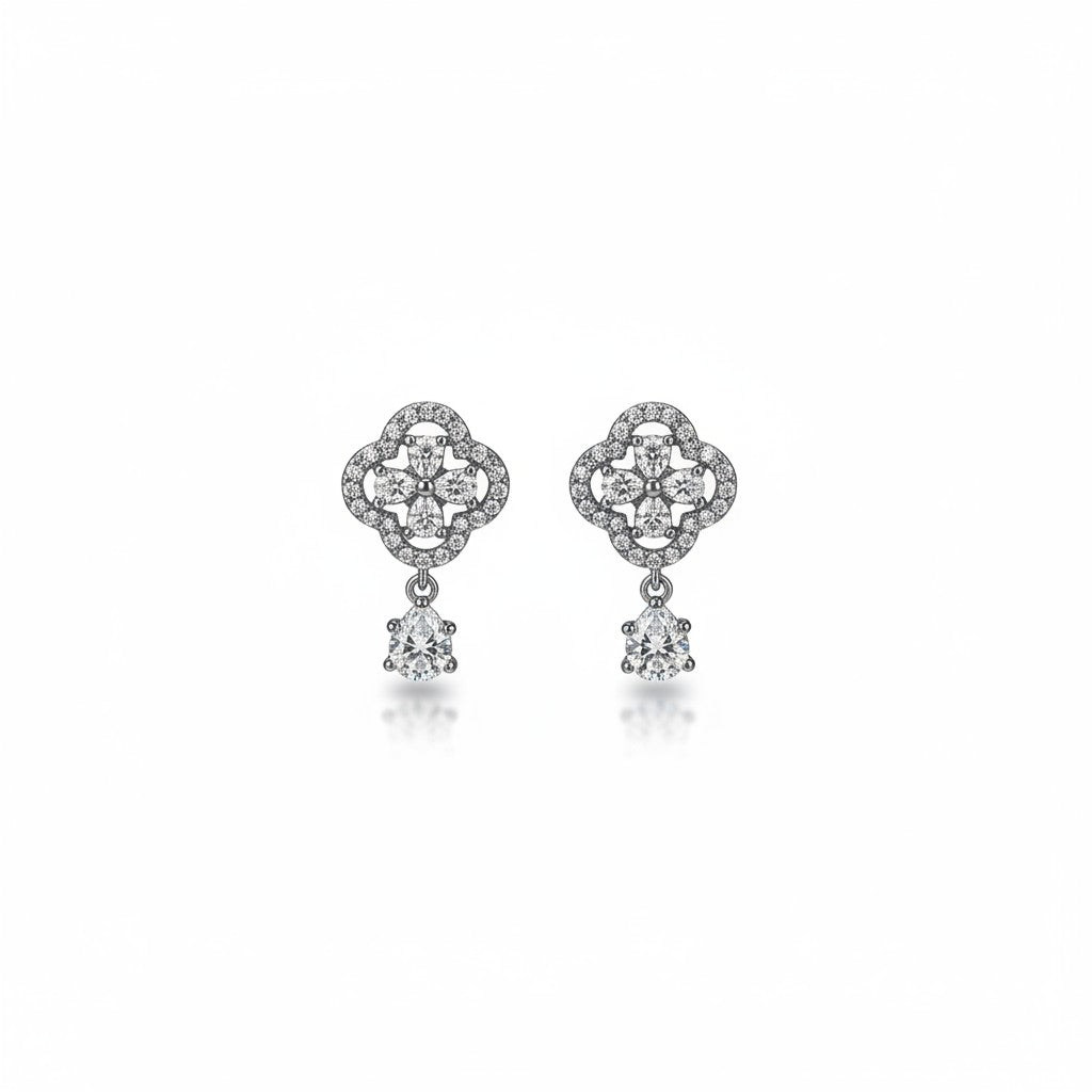 AVIRI silver-tone drop earrings with clover design and cubic zirconia stones