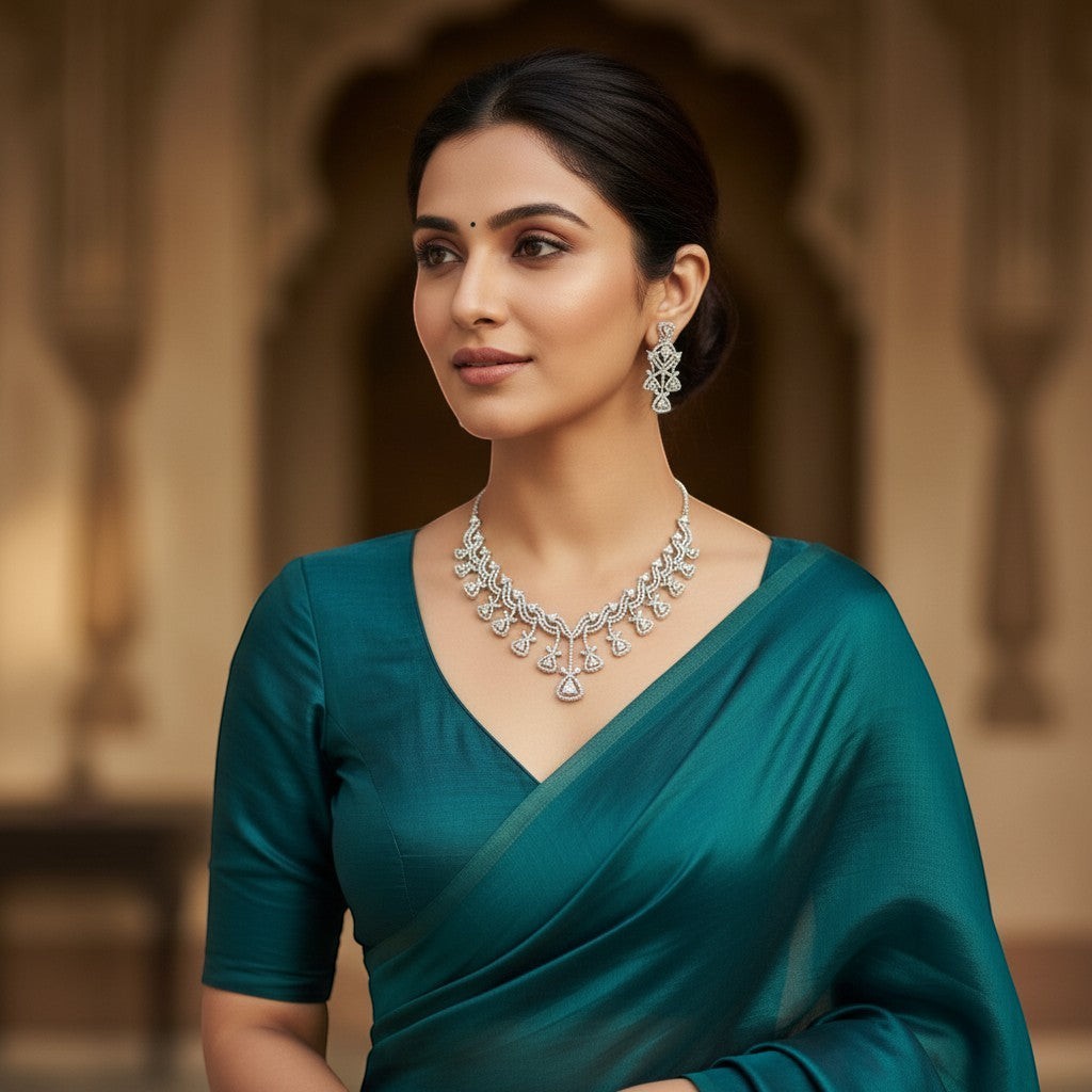 AVIRI diamond necklace and earring set with geometric pattern, sparkling stones, and lustrous metal.