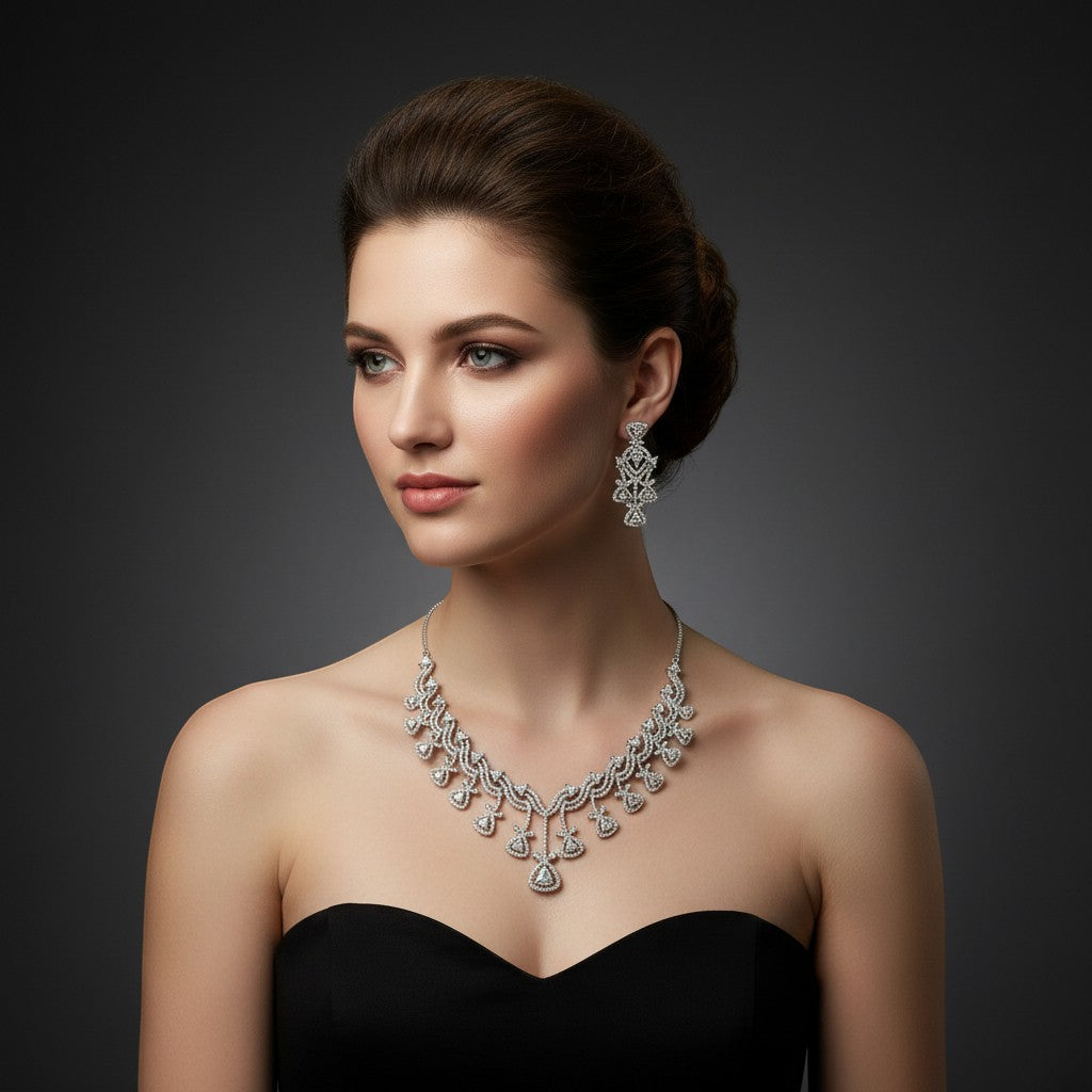 AVIRI diamond necklace and earring set with geometric pattern, crafted in lustrous metal with sparkling stones.