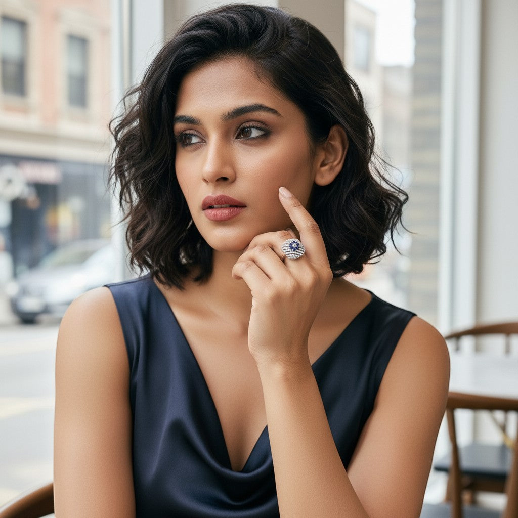 AVIRI sterling silver ring with blue sapphires and diamonds in a floral design. Features intricate detailing and polished finish.