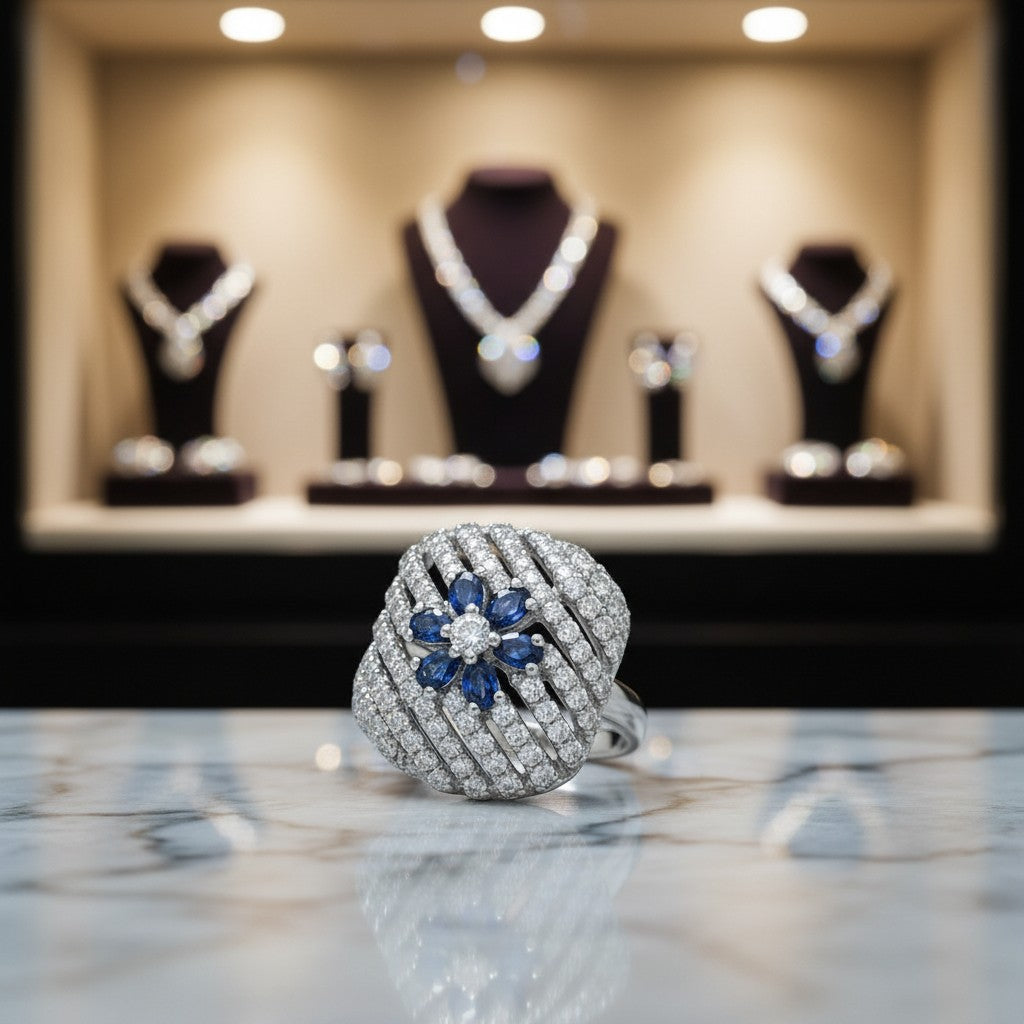 AVIRI sterling silver ring with blue sapphires and diamonds in a floral design. Intricate detailing and polished finish.