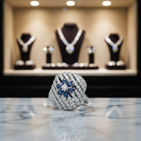 AVIRI sterling silver ring with blue sapphires and diamonds in a floral design. Intricate detailing and polished finish.