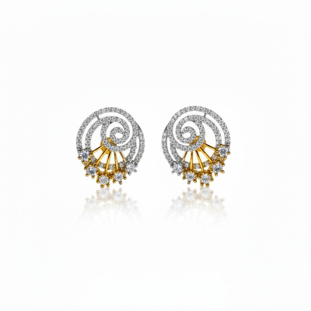 AVIRI diamond swirl stud earrings in sterling silver with gold accents and sparkling stones.