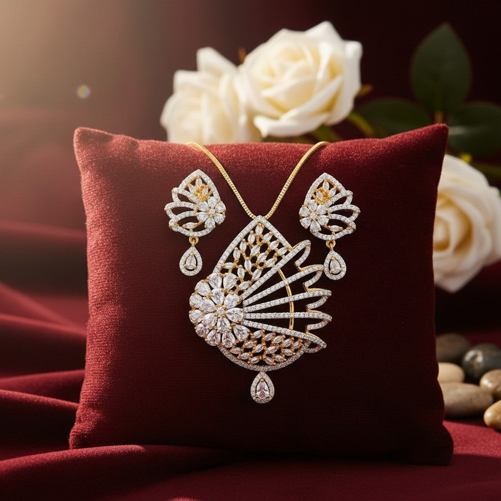 AVIRI dual-tone AD necklace set with floral & fan design, gold chain, and sparkling stones. Includes matching earrings.