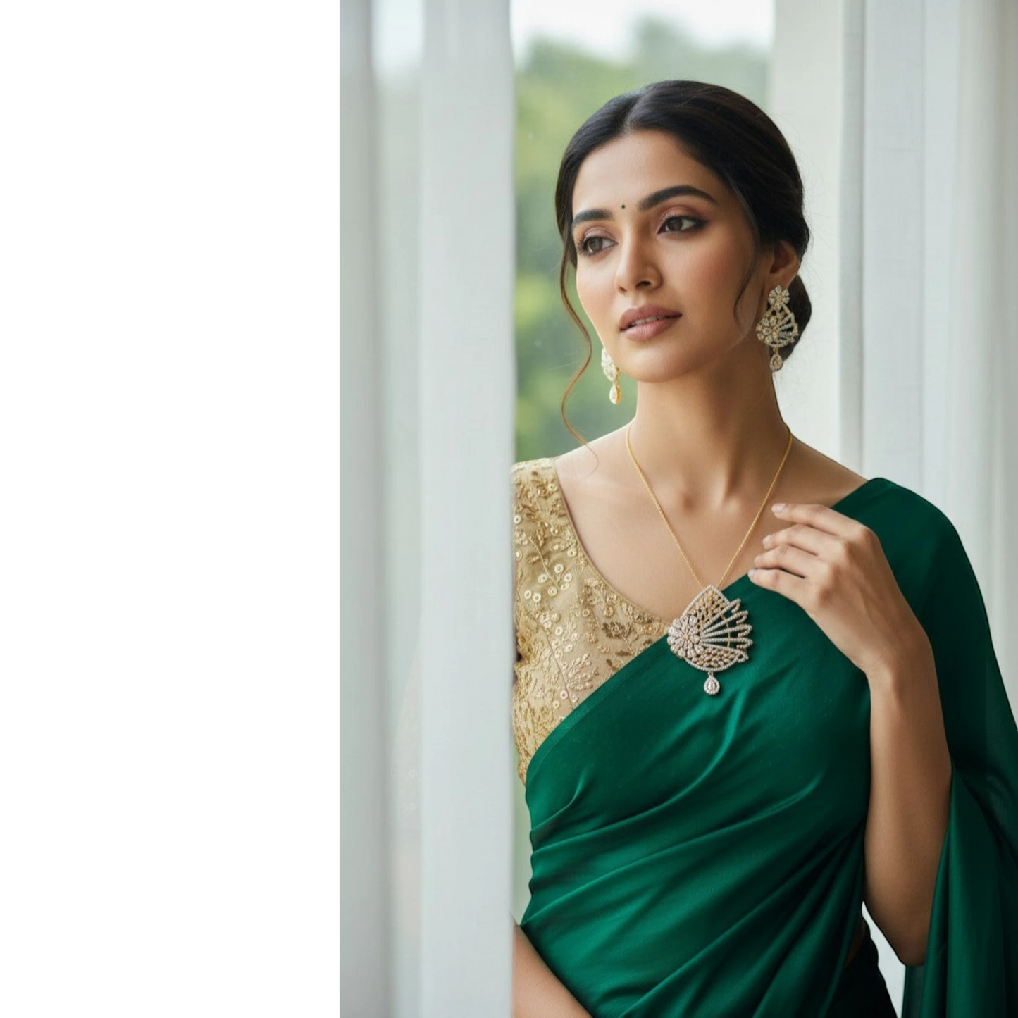 AVIRI dual-tone AD necklace set with gold chain and matching earrings, featuring intricate floral & fan design with sparkling stones.