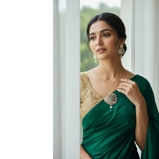 AVIRI dual-tone AD necklace set with gold chain and matching earrings, featuring intricate floral & fan design with sparkling stones.