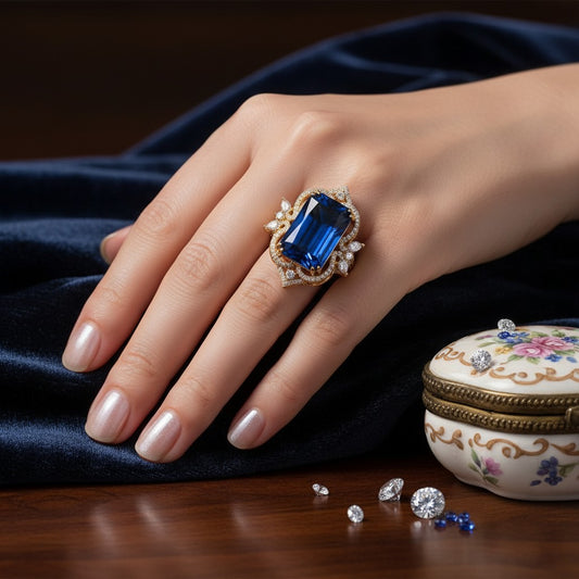 AVIRI statement cocktail ring with a large emerald-cut blue gemstone, pavé diamonds, and marquise accents in 14k yellow gold.