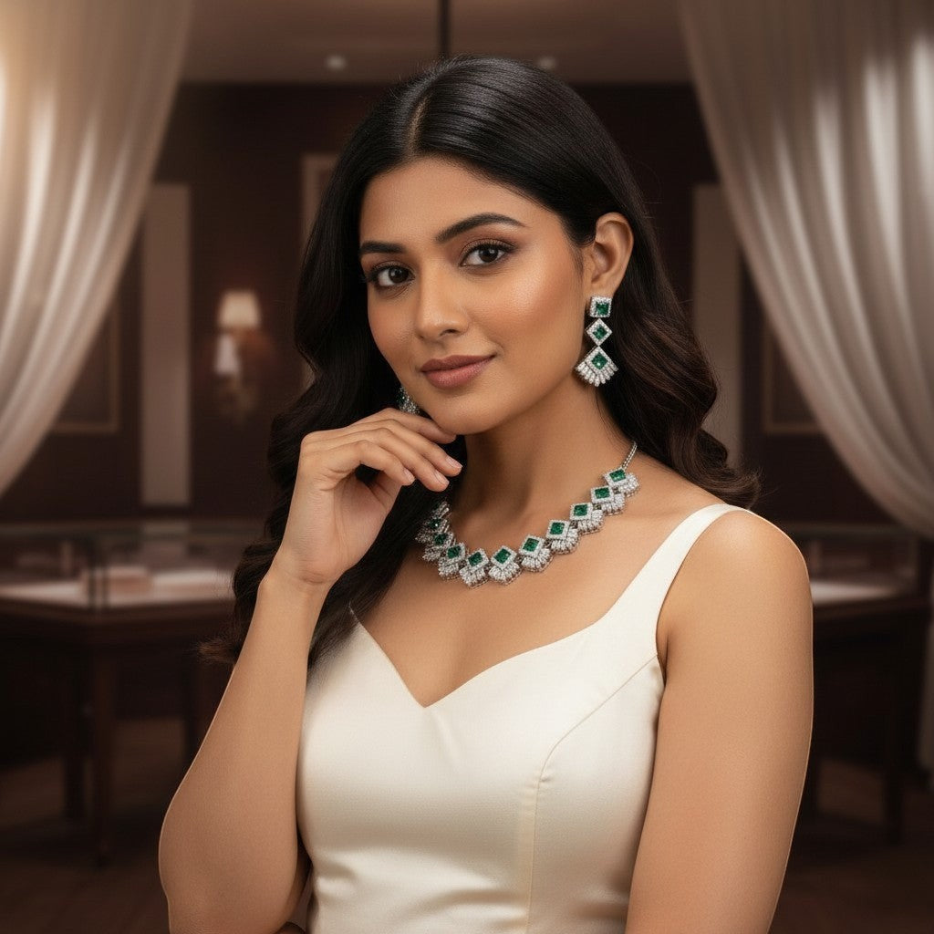 AVIRI emerald green cubic zirconia necklace and earring set with silver-tone metal and square baguette cuts.