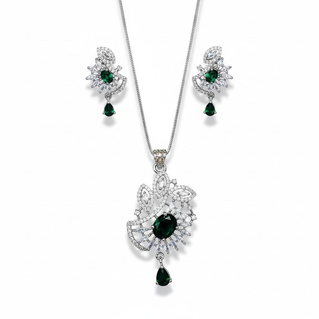 AVIRI emerald green gemstone pendant necklace and earring set with cubic zirconia in silver-tone metal.