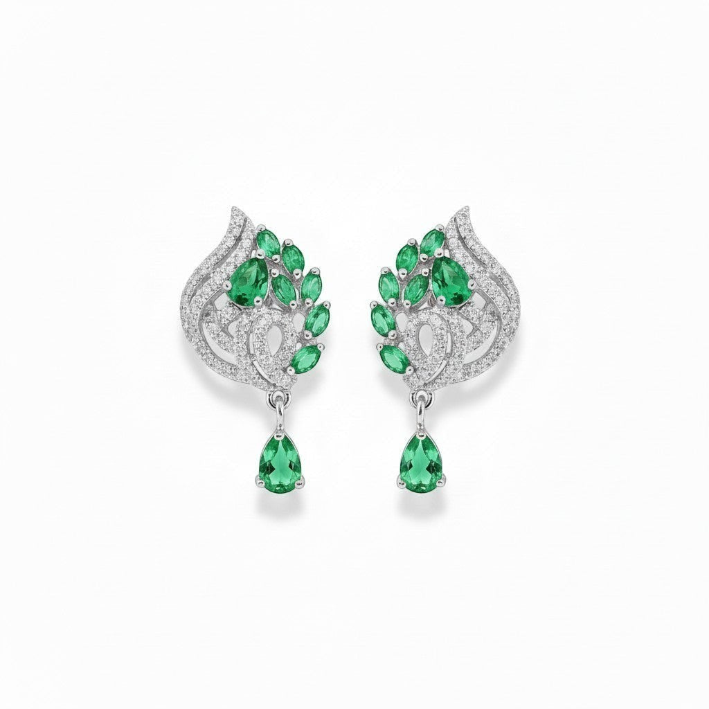 AVIRI emerald green leaf shaped drop earrings with cubic zirconia and pear-shaped gemstone.