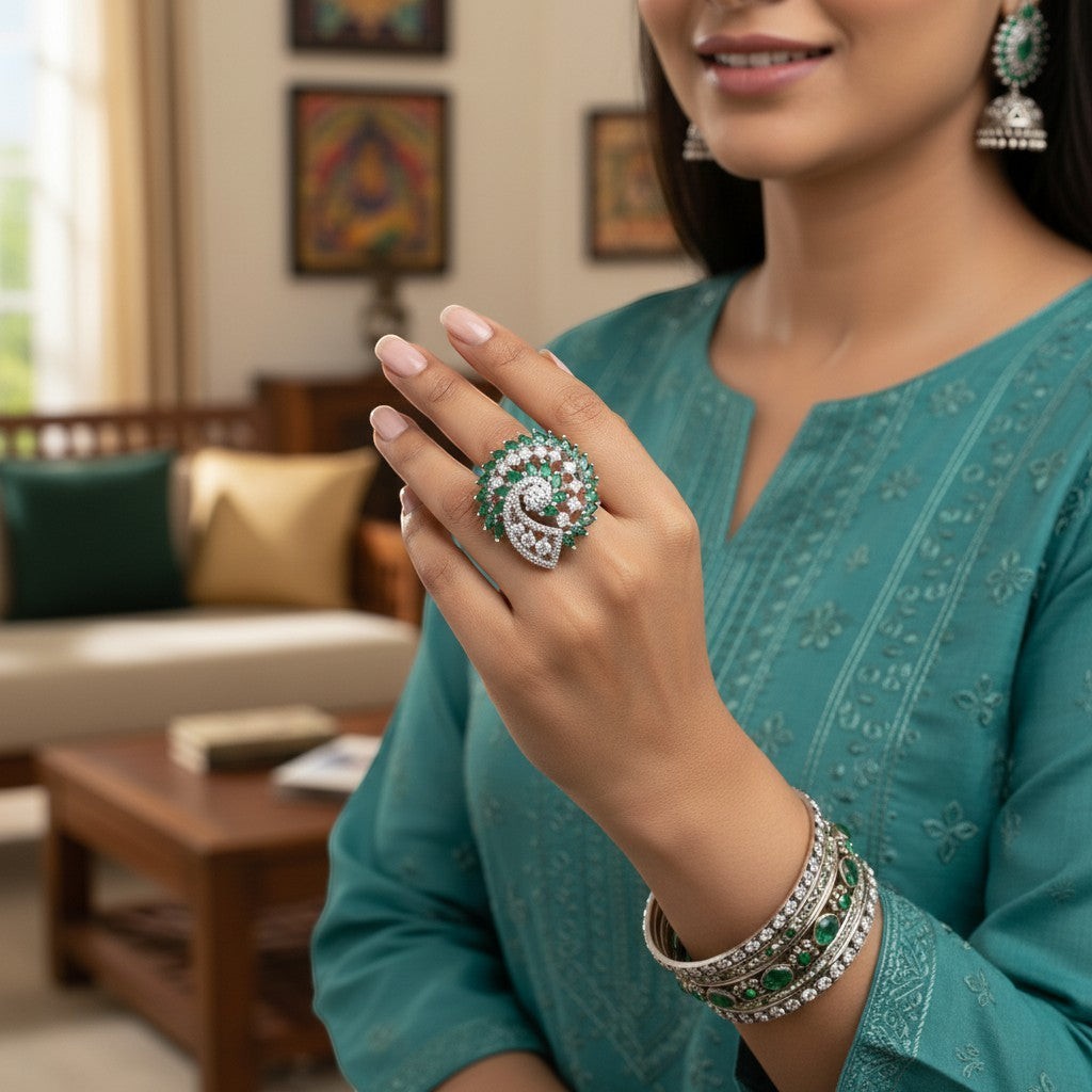 AVIRI emerald green swirling leaf statement ring with cubic zirconia stones and sterling silver.