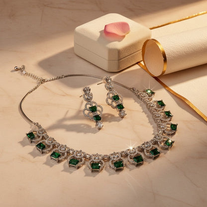 AVIRI elegant emerald necklace and earrings set with clear cubic zirconia in silver-tone metal.