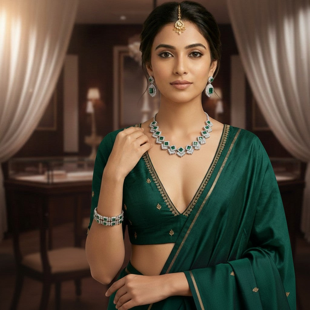 AVIRI emerald green cubic zirconia necklace and earrings set with silver-tone metal.