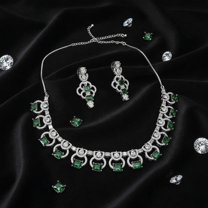 AVIRI elegant emerald necklace set with clear cubic zirconia accents in silver-tone metal. Matching earrings included.