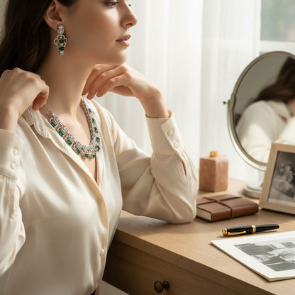 AVIRI elegant emerald necklace set with cubic zirconia and matching earrings in silver-tone metal.