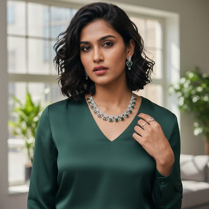 AVIRI elegant emerald necklace set with clear cubic zirconia accents in silver-tone metal. Matching earrings included.