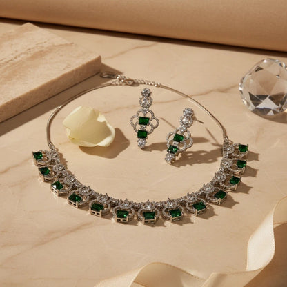 AVIRI elegant emerald necklace set with clear cubic zirconia accents in silver-tone metal. Includes matching earrings.