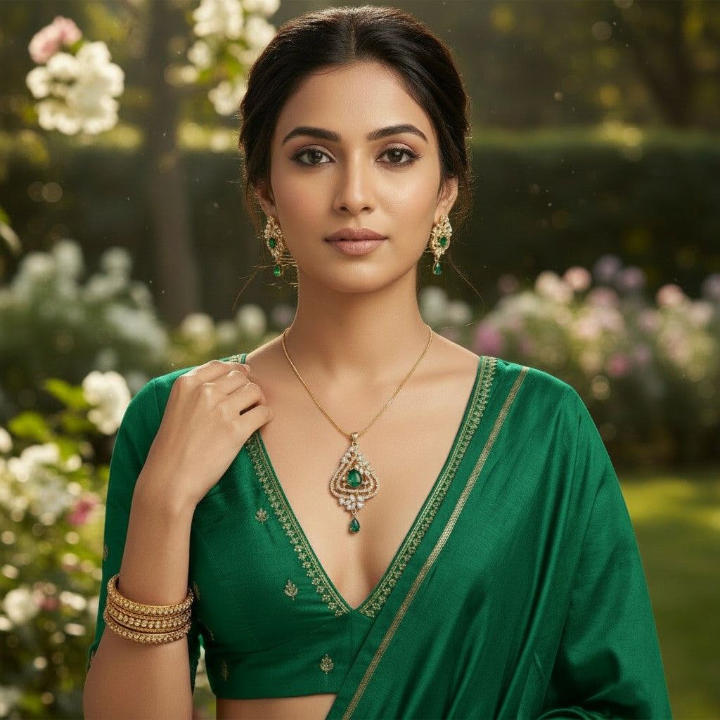 AVIRI gold-tone pendant necklace and earrings set with emerald green teardrop cubic zirconia stones and intricate detailing.