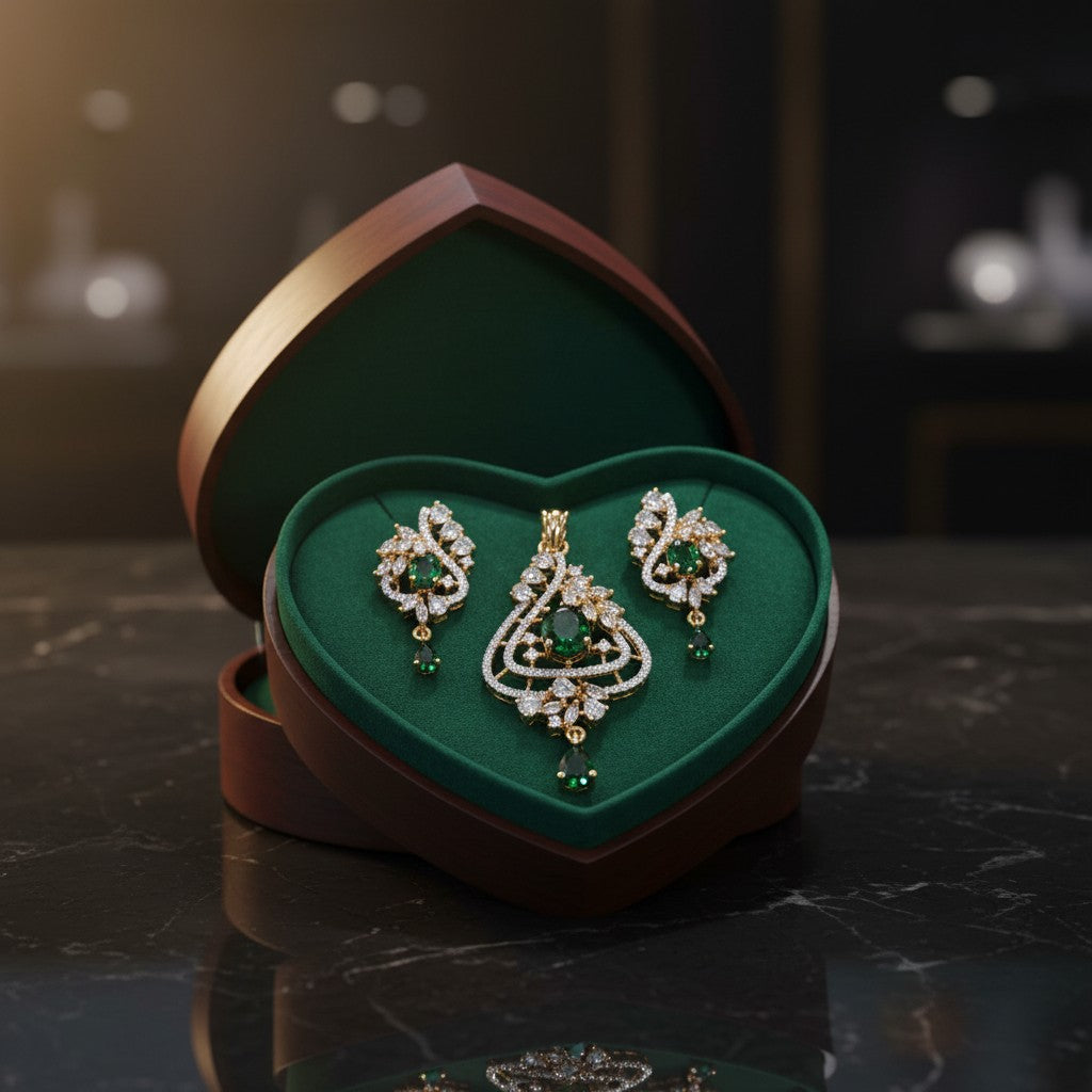 AVIRI elegant gold-tone pendant necklace and earring set with emerald-colored teardrop cubic zirconia stones.