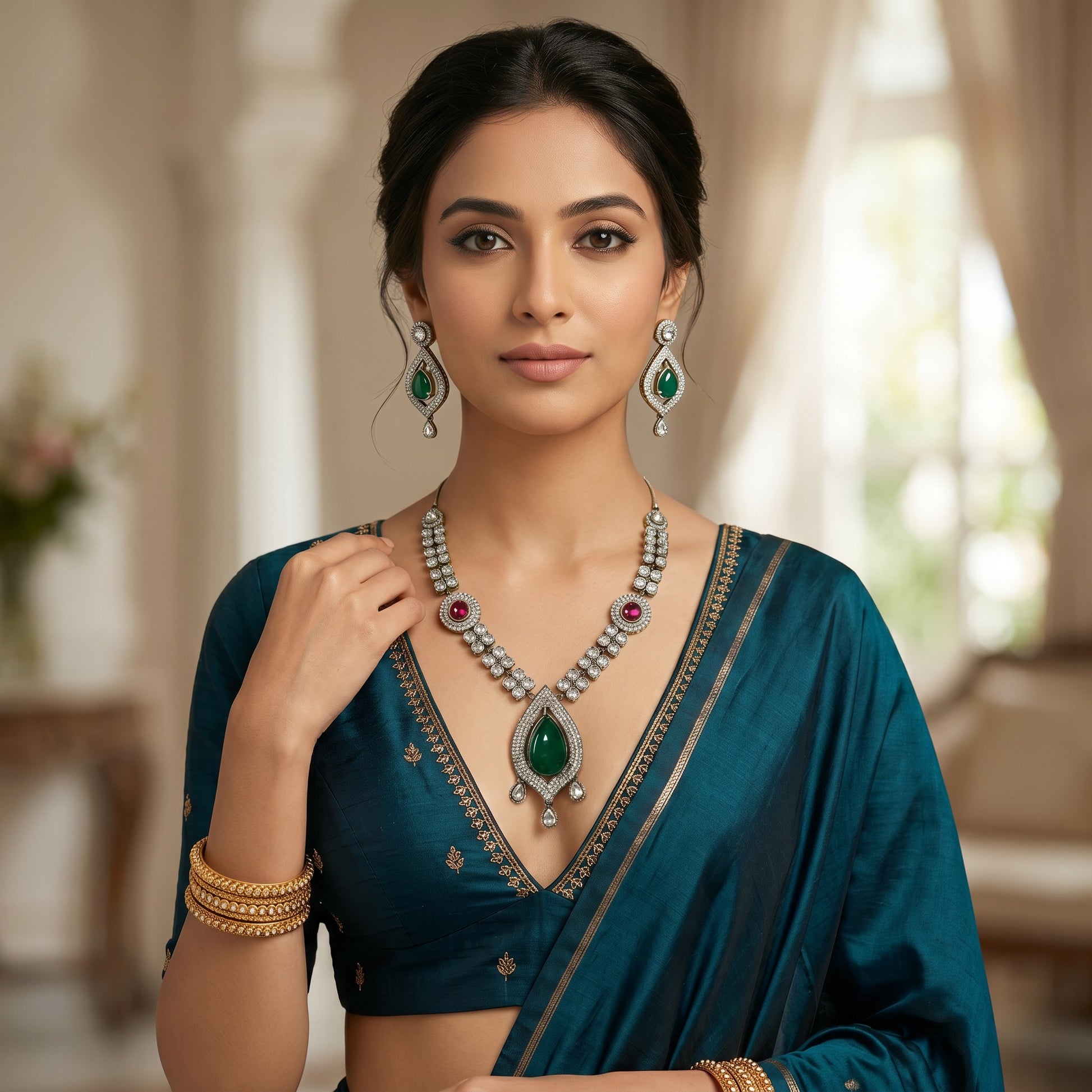 AVIRI traditional jewelry set with emerald teardrop pendant, ruby accents, and crystals worn by a woman in a saree.