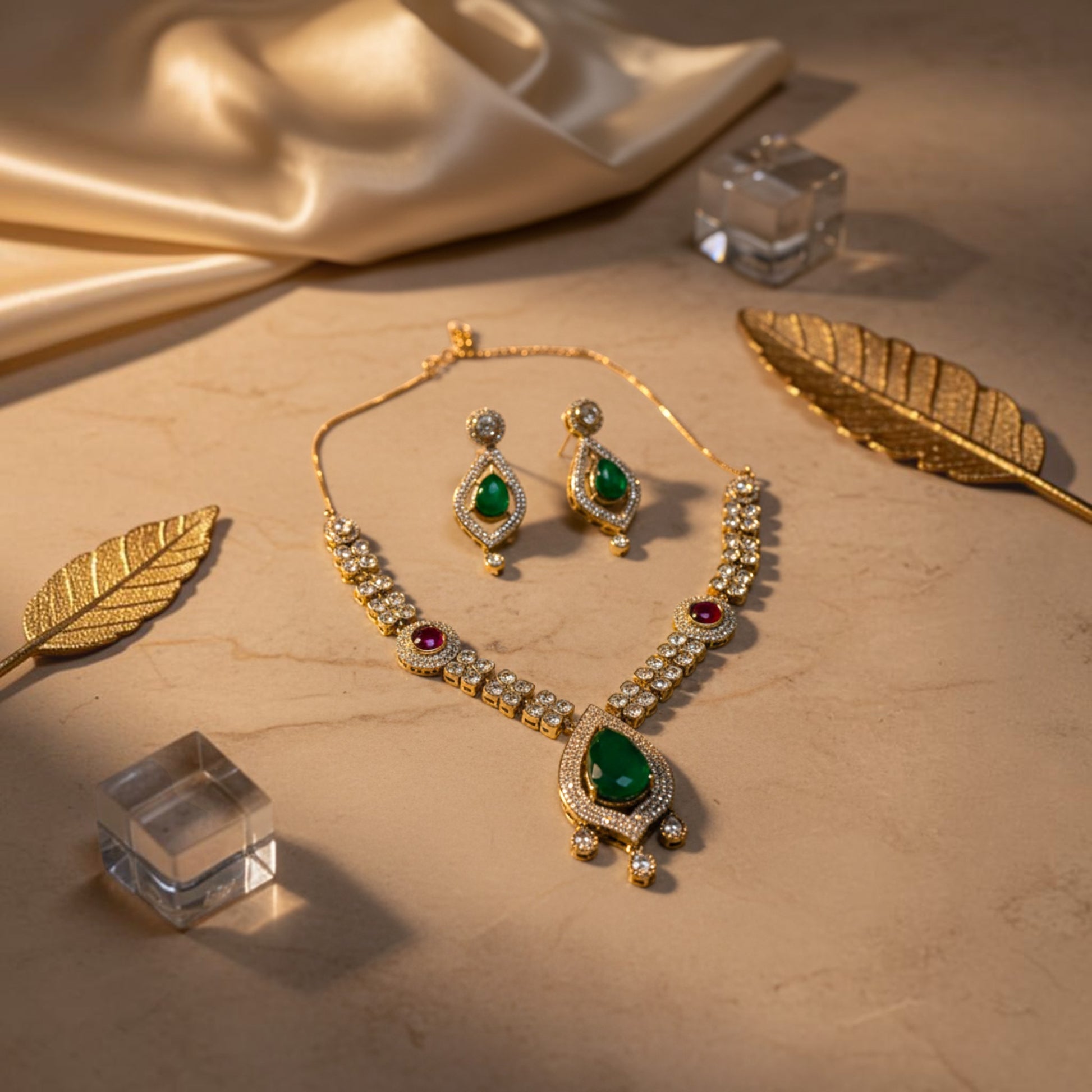 AVIRI traditional jewelry set with emerald green and ruby red stones, teardrop pendant, and matching earrings.