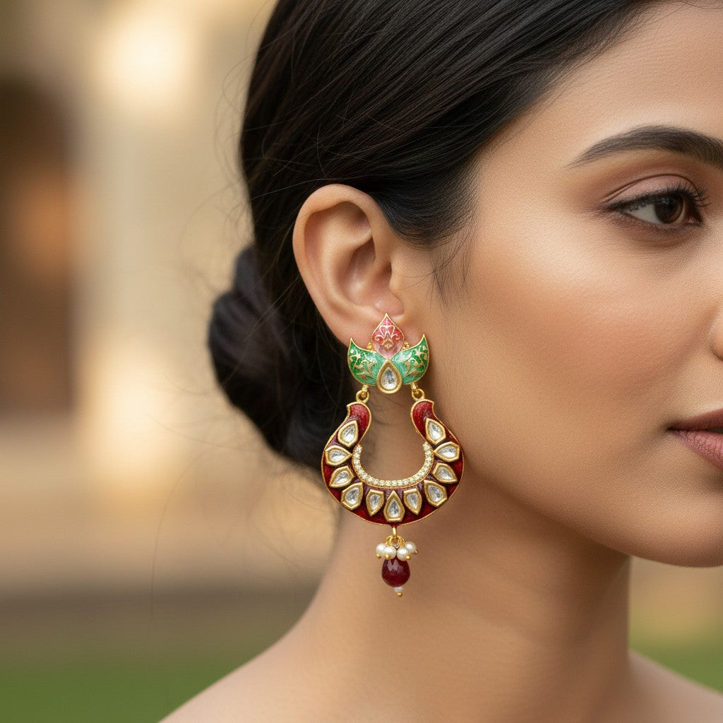 AVIRI red, green, pink enamel Kundan Chandbali earrings with floral detail, white stones, pearls and ruby drop.