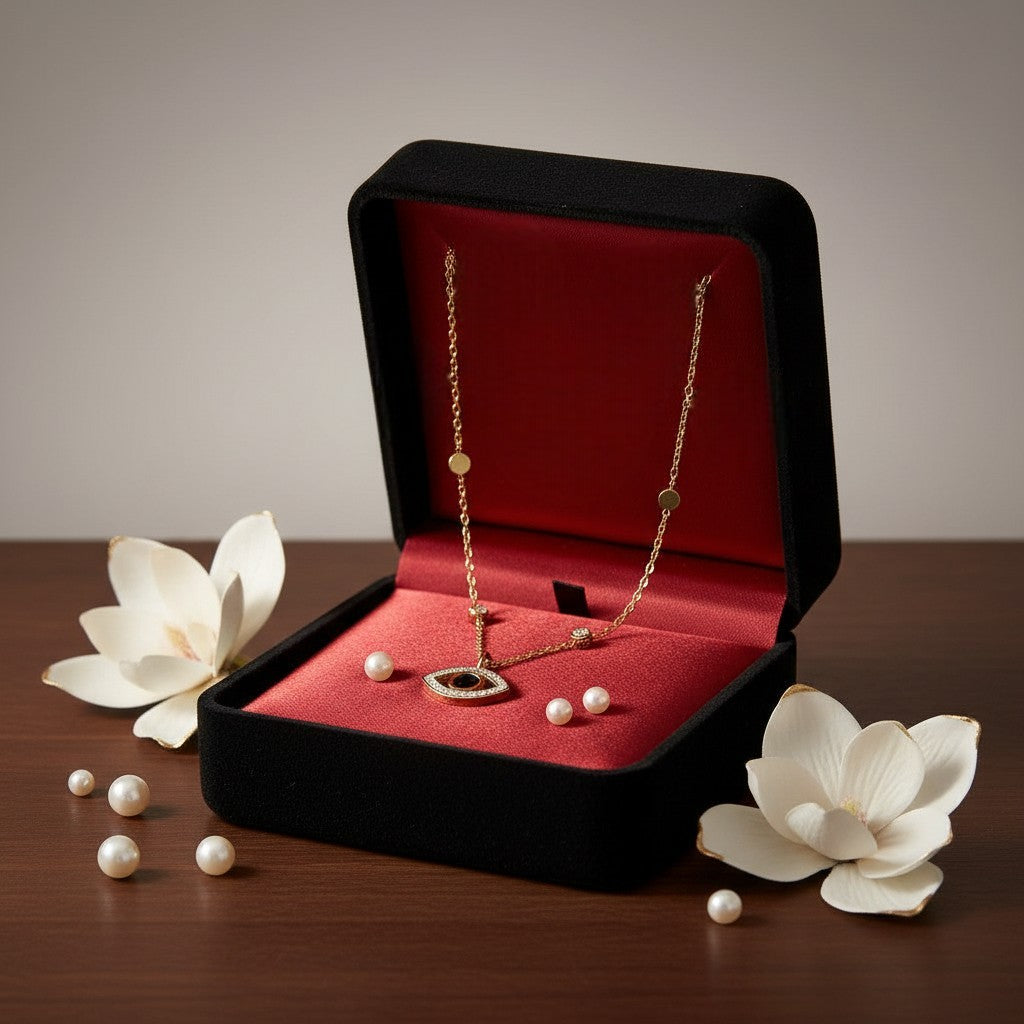 AVIRI gold-tone stainless steel necklace with evil eye pendant, cubic zirconia, and butterfly charms.