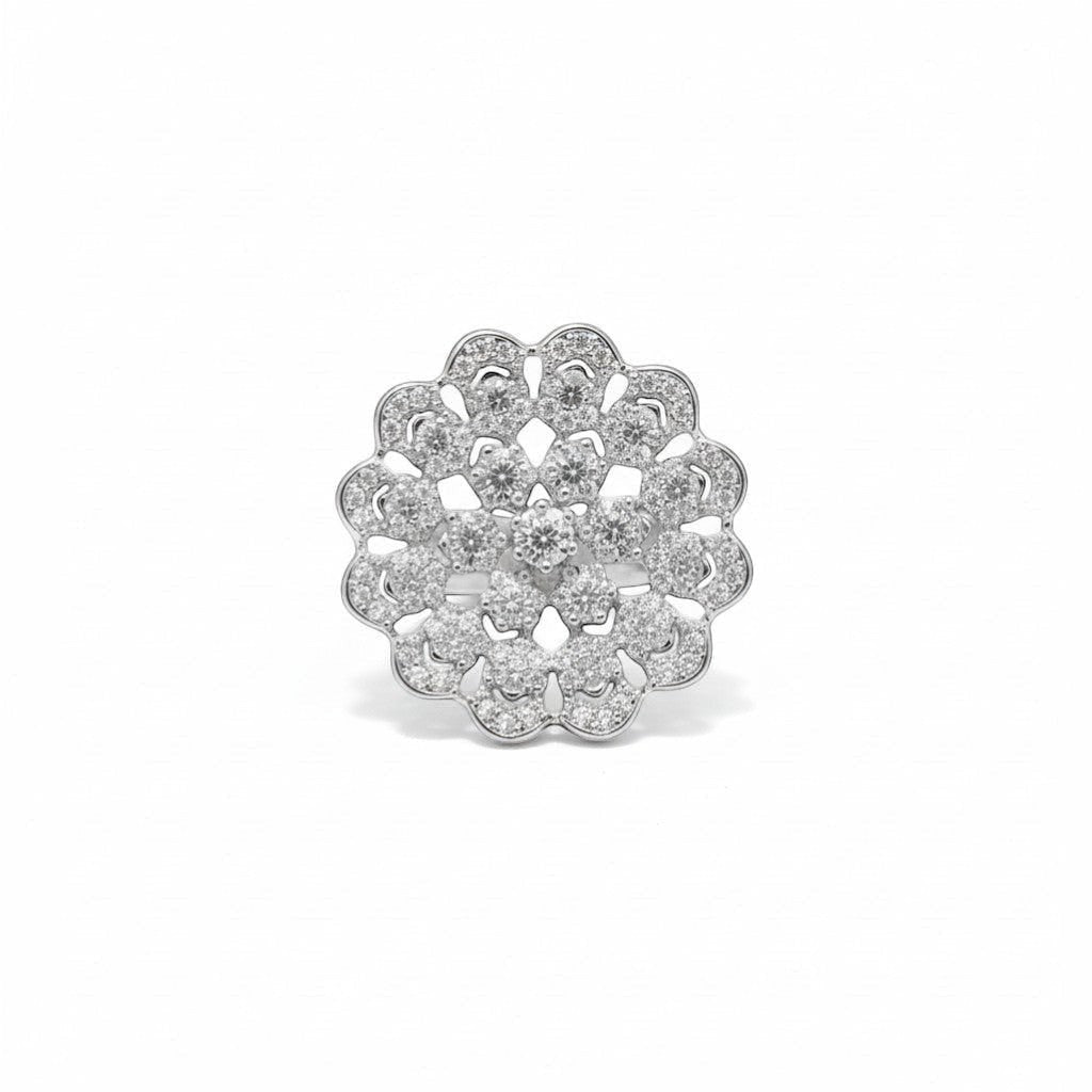 AVIRI silver polish floral statement ring with American Diamonds, intricate flower motifs, and a full-bloom effect.