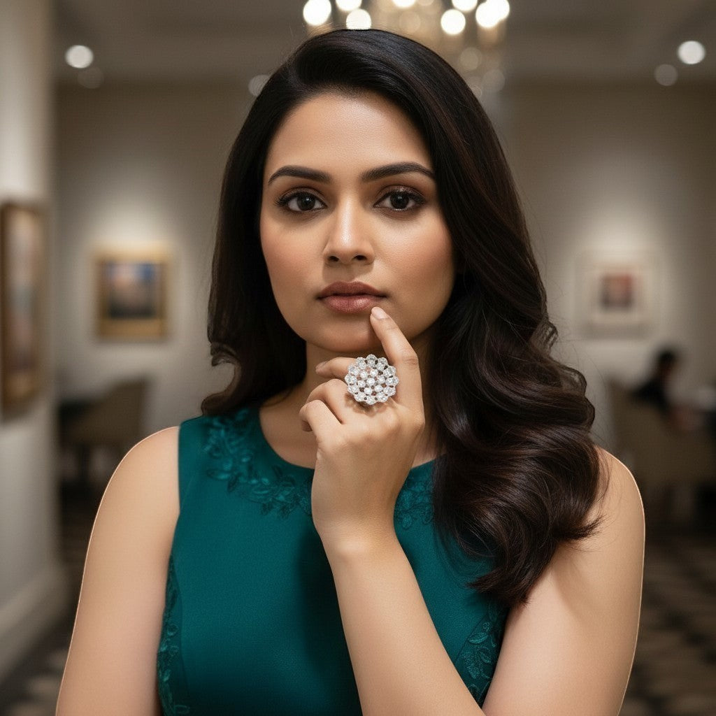 AVIRI silver polish floral statement ring with American Diamonds, featuring multiple small flower motifs for a full-bloom effect.