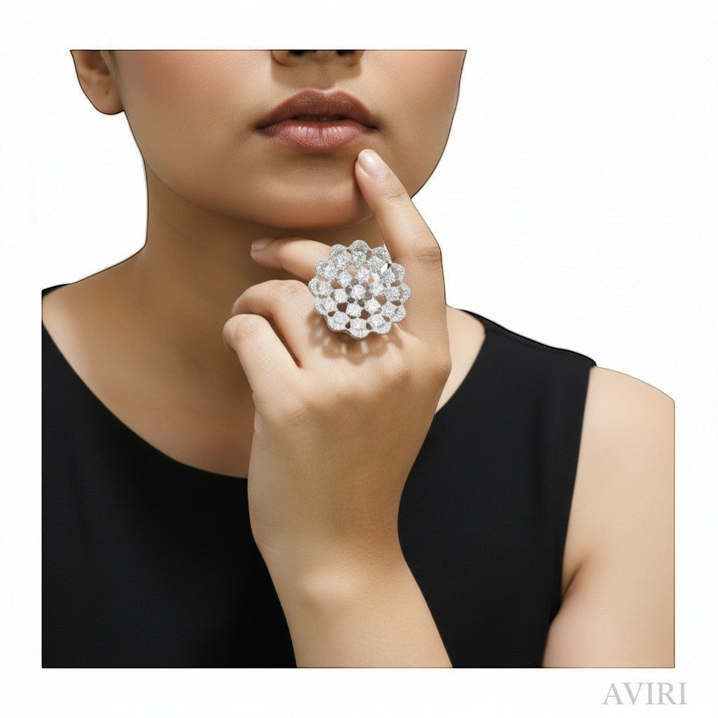 AVIRI silver polish floral statement ring with American Diamonds, featuring multiple flower motifs for a full-bloom effect.