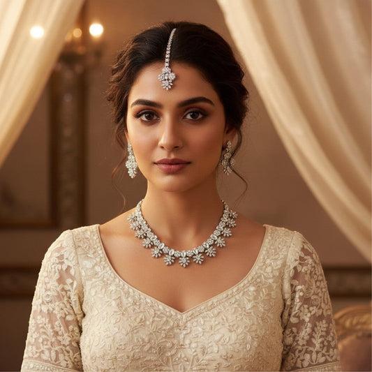 AVIRI bridal jewelry set with floral cubic zirconia necklace, earrings, and tikka in silver-tone alloy.