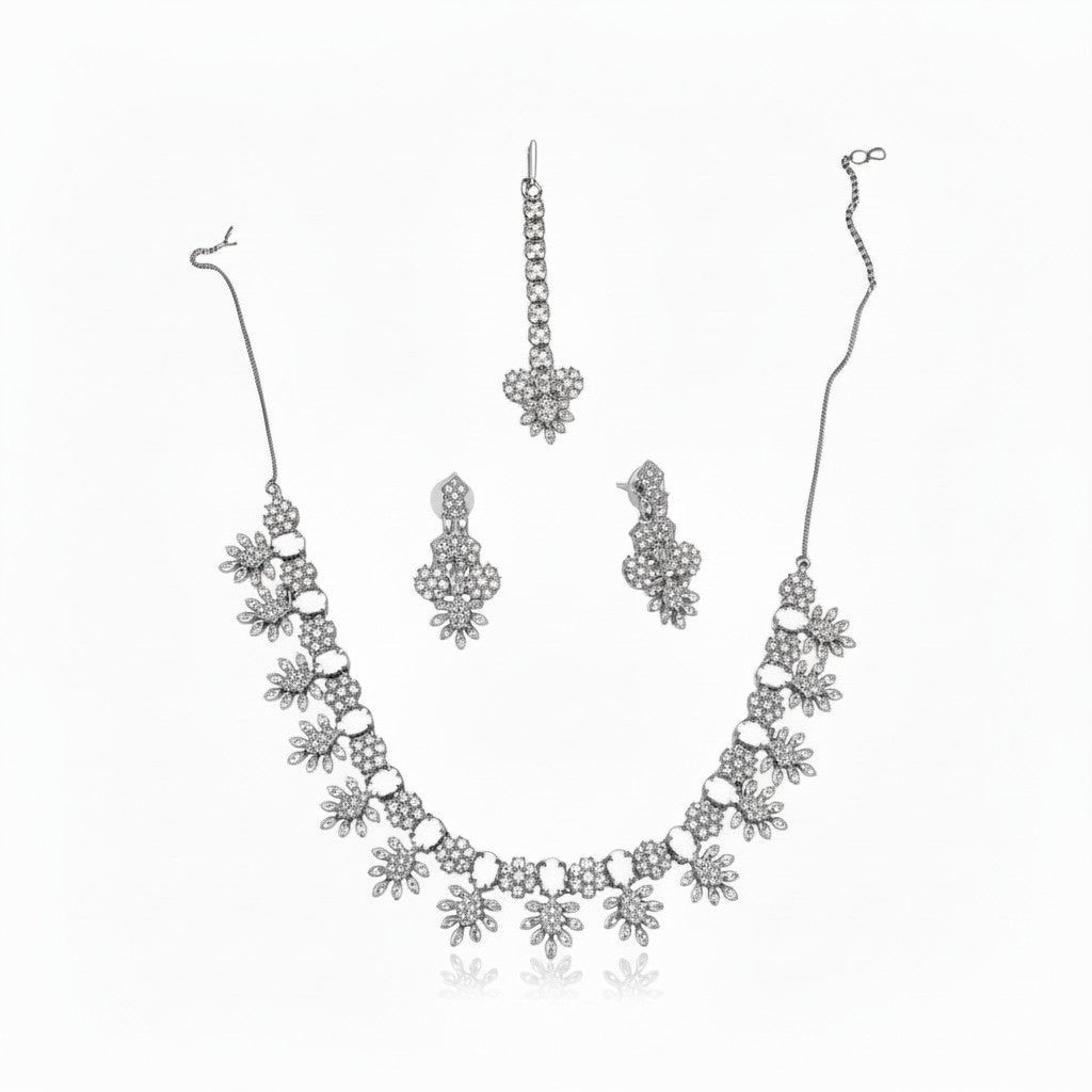 AVIRI silver-tone floral cubic zirconia bridal jewelry set with necklace, earrings, and tikka.