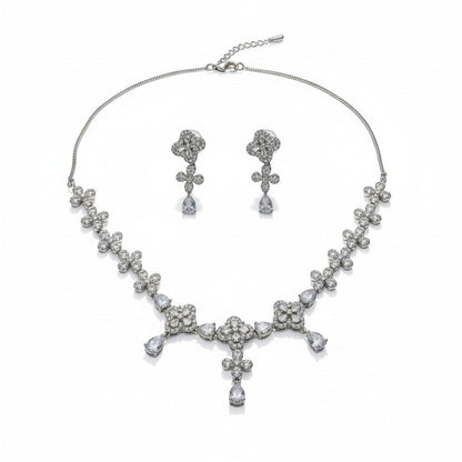 AVIRI floral necklace and earring set with cubic zirconia teardrop pendants and rhodium-plated finish.
