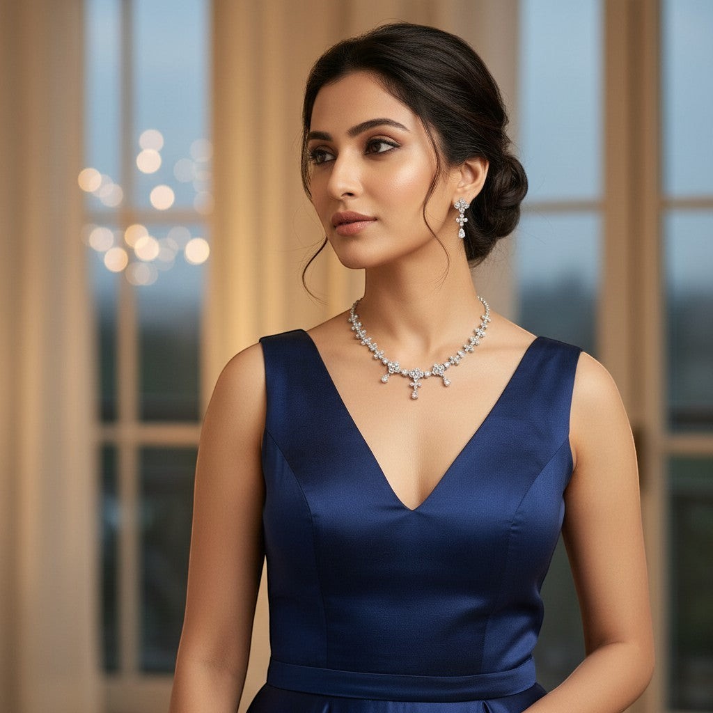 AVIRI floral crystal necklace and earring set with teardrop pendants, rhodium-plated for a brilliant shine.
